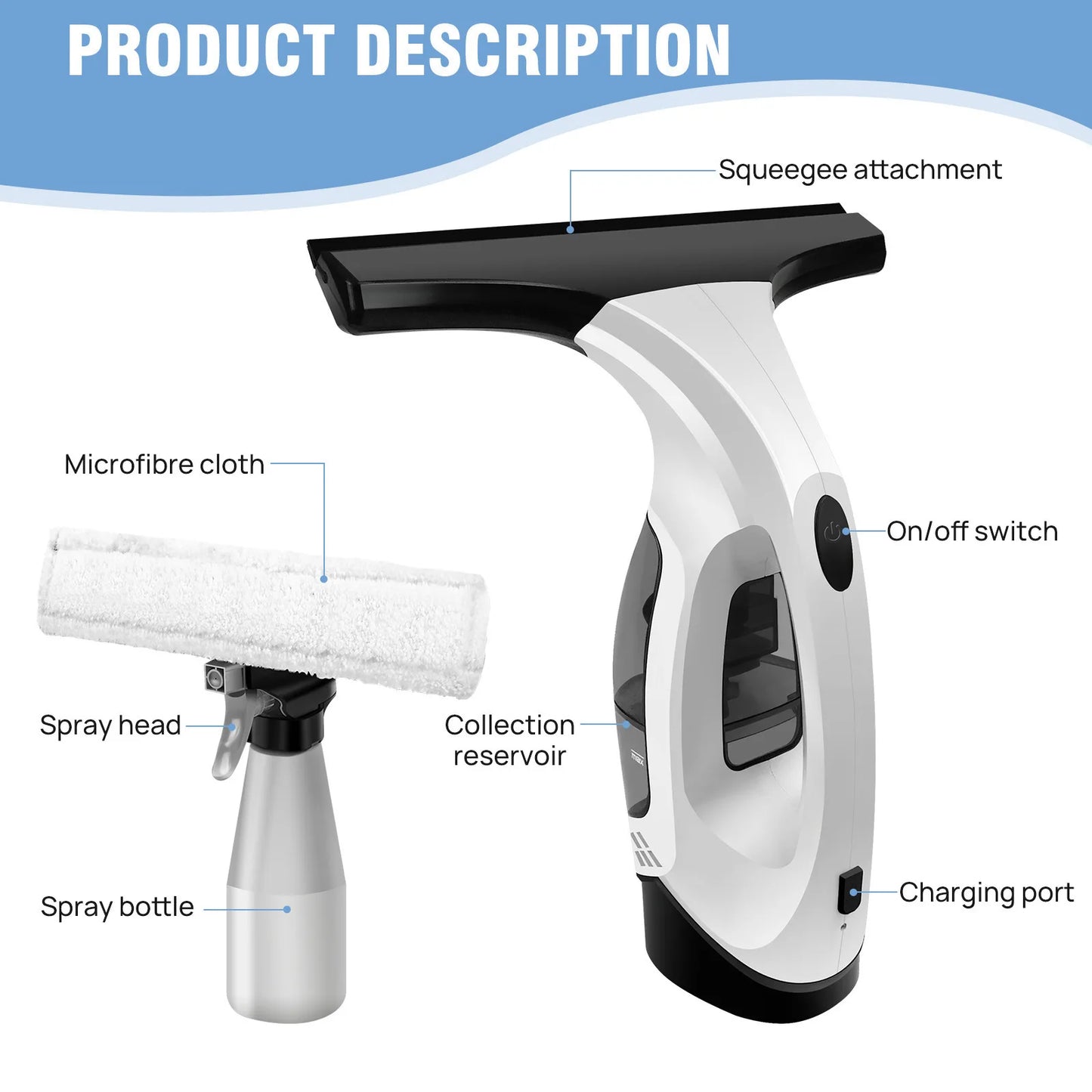 Electric Handheld Window Cleaner Squeegee for Car Showers Kitchen Bathtub Rechargeable Cleaning Tool for Mirrors Glass